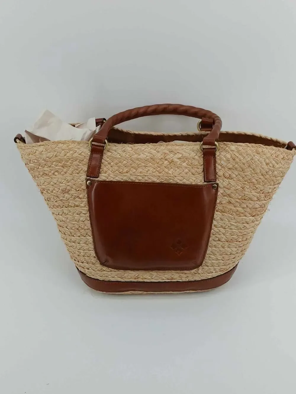 Woven straw tote bag with leather trim, Patricia Nash